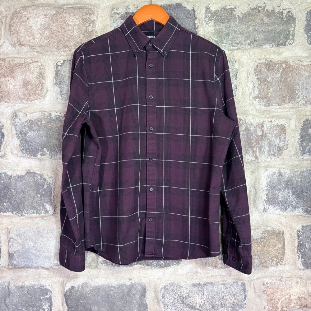 Express Mens Purple Plaid Long Sleeve Button Down Shirt Stretch Medium Autumnal
